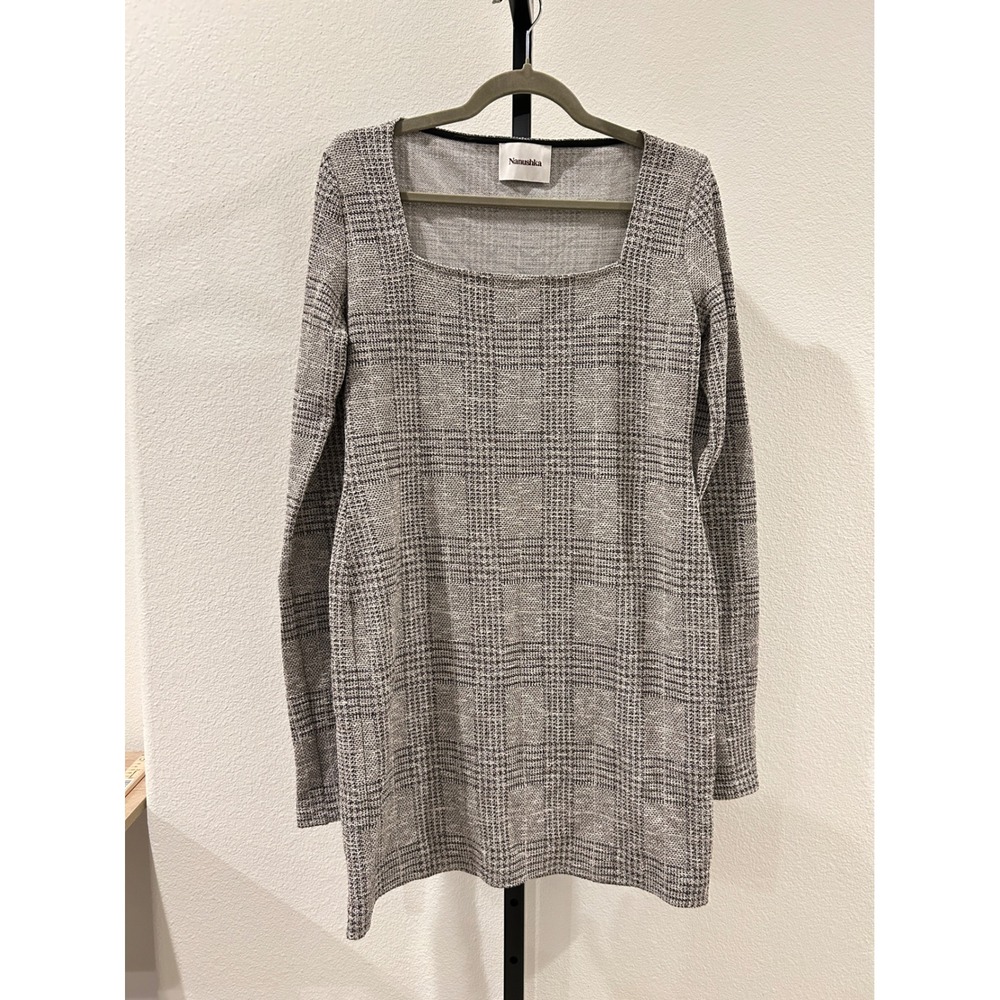 New Nanushka Glen Plaid Square Neck Long Sleeve BodyCon Dress Grey Size XL, $575